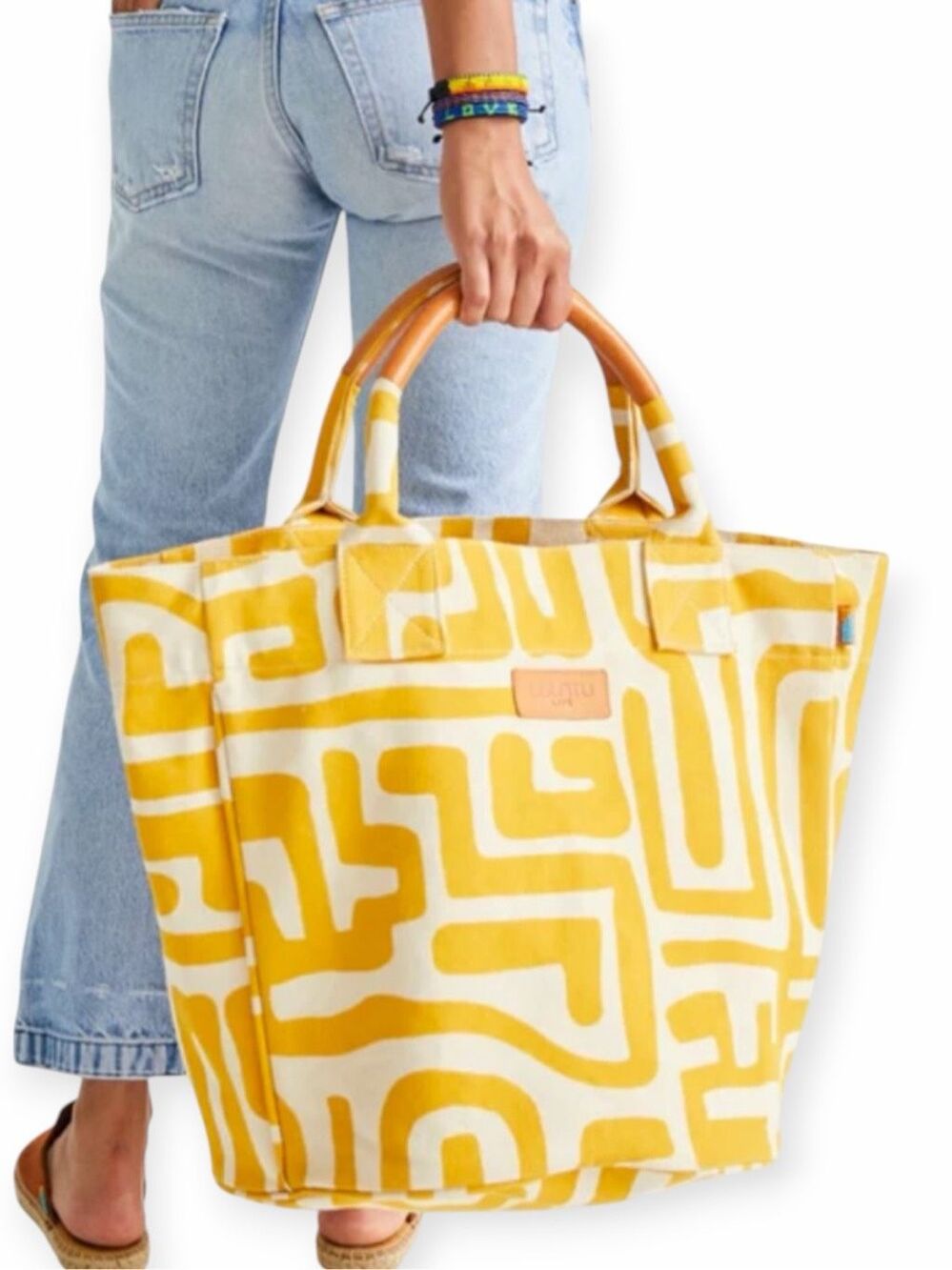 UBUNTU LIFE Yellow Eggshell African Print Canvas Leather Travel Tote Bag